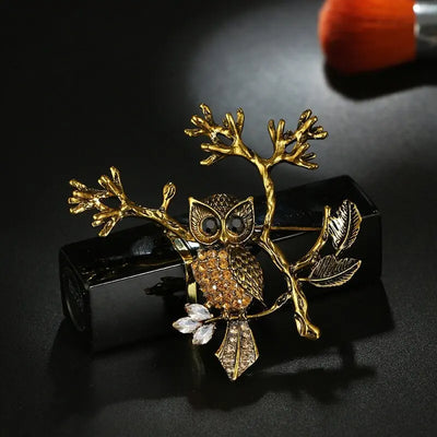 Owl Brooch Rhinestone Gold Color