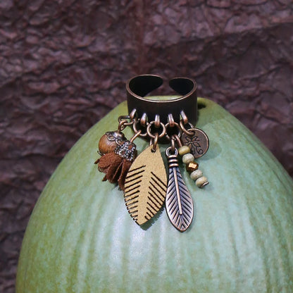 Native Feather Tassel Rings Antique Wooden Beads