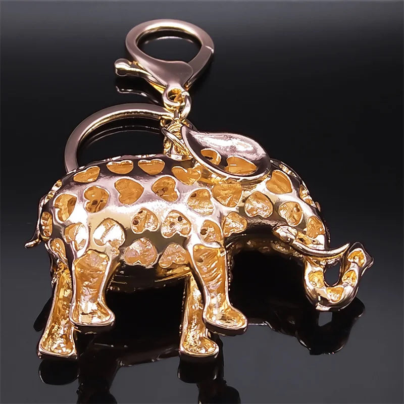 Elephant Rhinestone Keychain Gold Color Metal