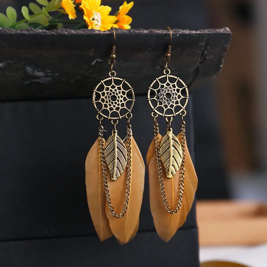 Native Dream Catcher Feather Long Earrings