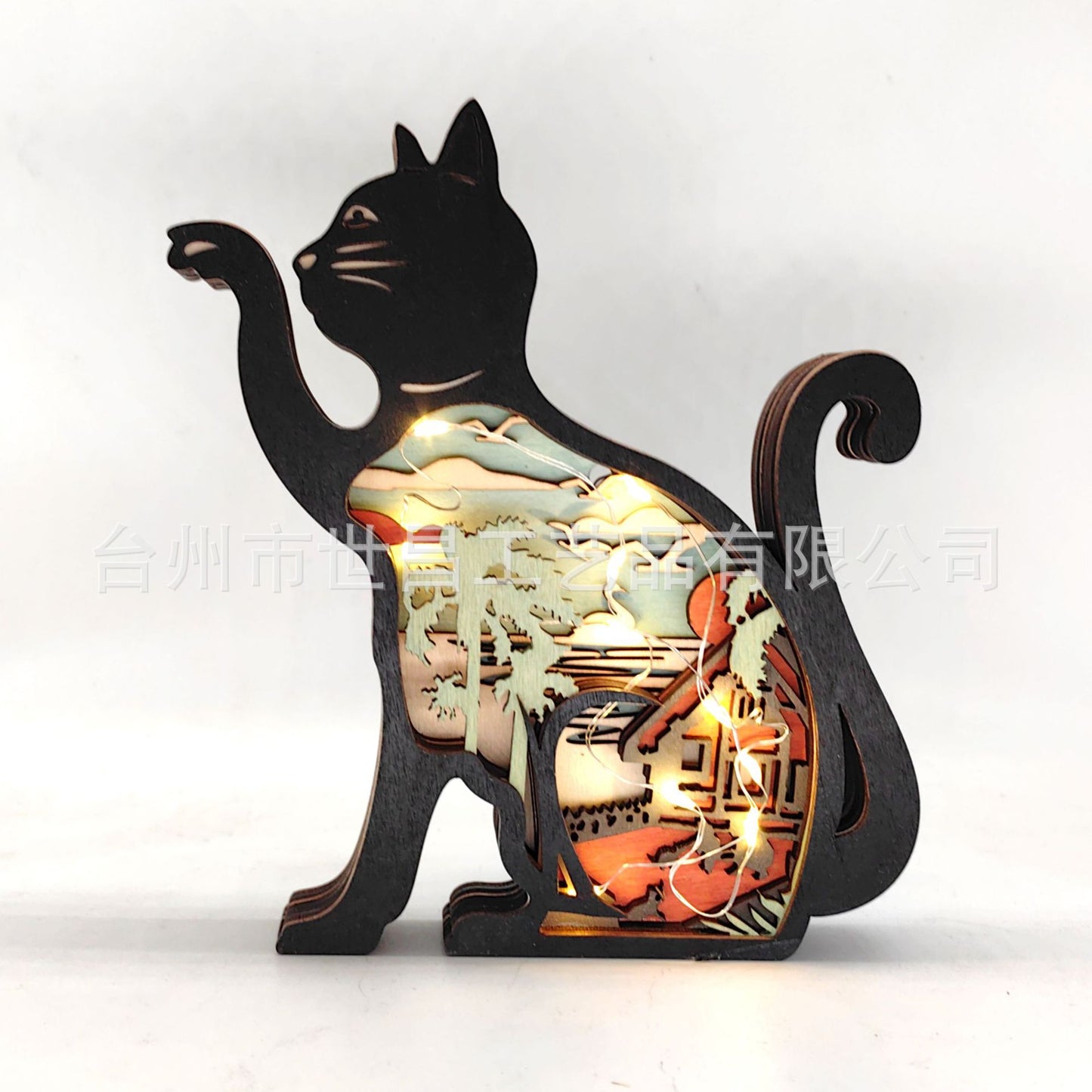 Wooden Cat Carved Figurine Led Light