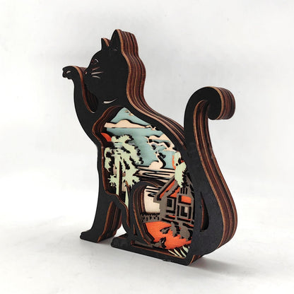 Wooden Cat Carved Figurine Led Light