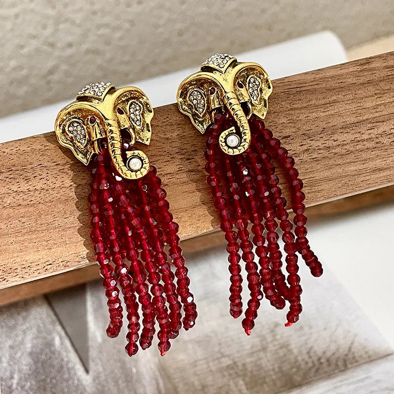 Elephant Earrings Red Crystal Beads Tassels Earrings Vintage Golden