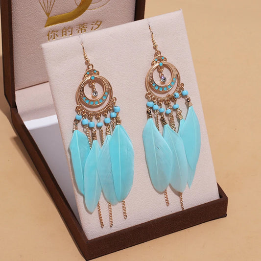 Native Blue Feather Tassel Drop Dangle Earrings