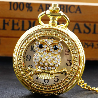 Owl White Dial Golden Quartz Pocket Watch