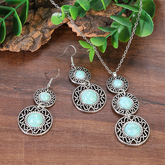 Native Turquoise Round Necklace Set Silver Color