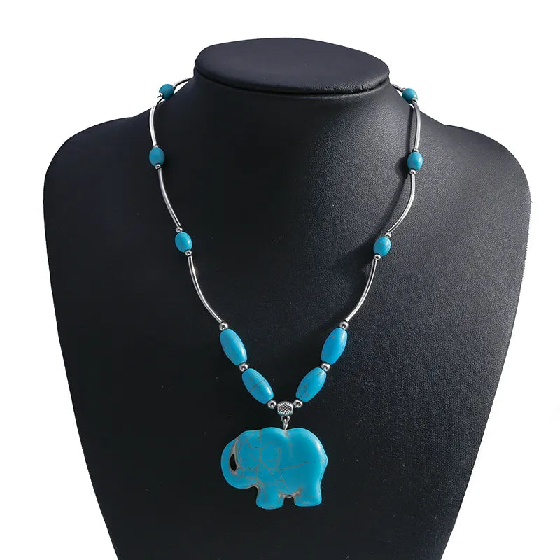 Elephant Pendant Necklace Turquoise Silver Color