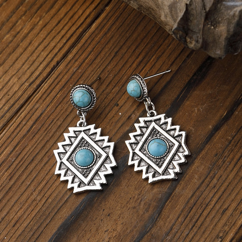 Native Dangle Turquoise Stone Earrings Boho Bohemian