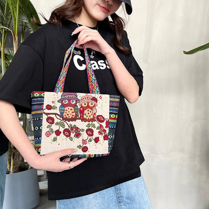 Owl Zipper Canvas Tote HandBag