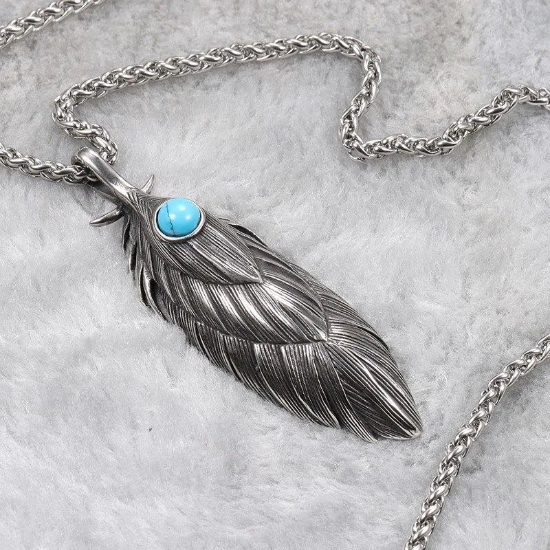 Native Turquoise Stone Inlaid Metal Feather Pendant Necklace