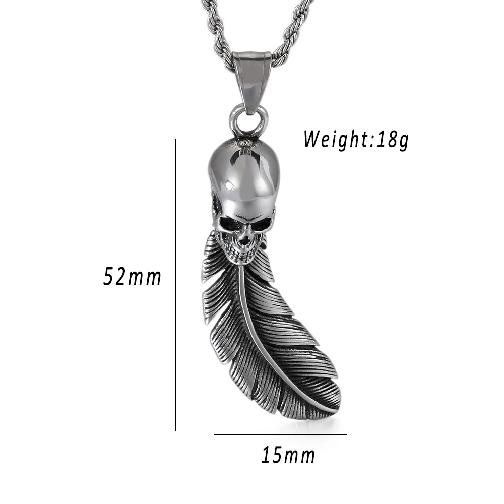 Skull Feather Pendant Stainless Steel Chain Necklace