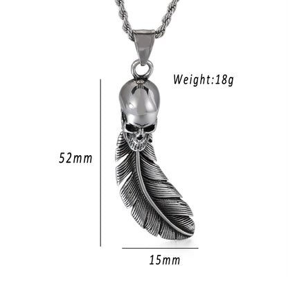 Skull Feather Pendant Stainless Steel Chain Necklace