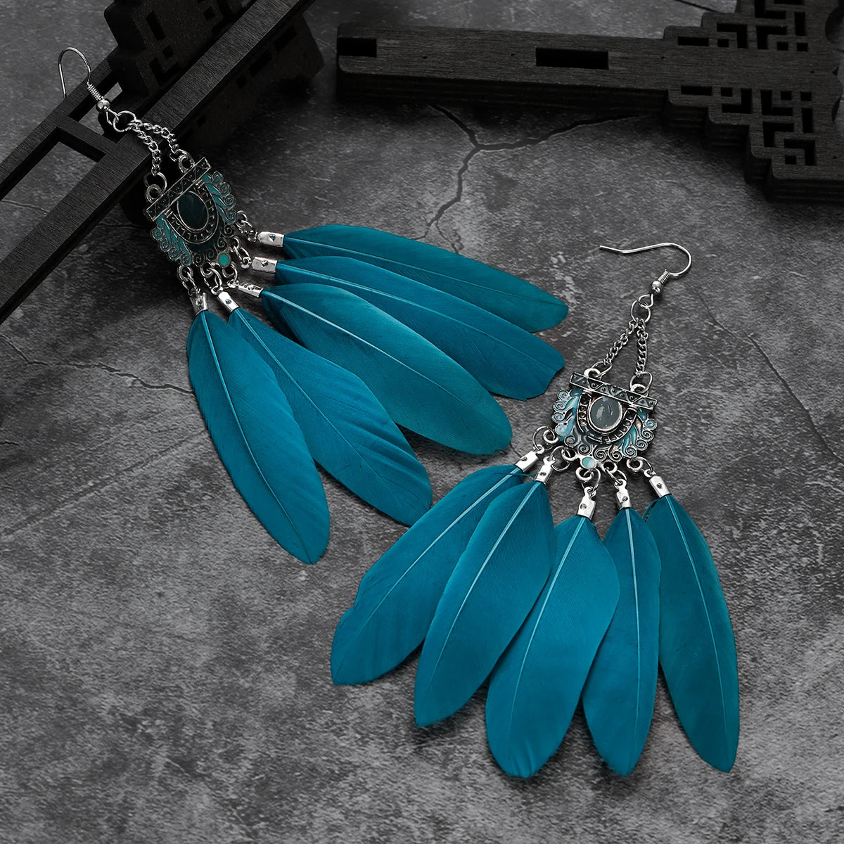 Native Feather Enamel Silver Color Drop Earrings