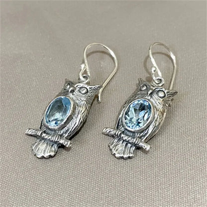 Owl Silver Metal Sea Blue Stone Earrings