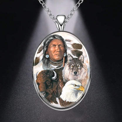 Native Painted Wolf Head Pendant Necklace