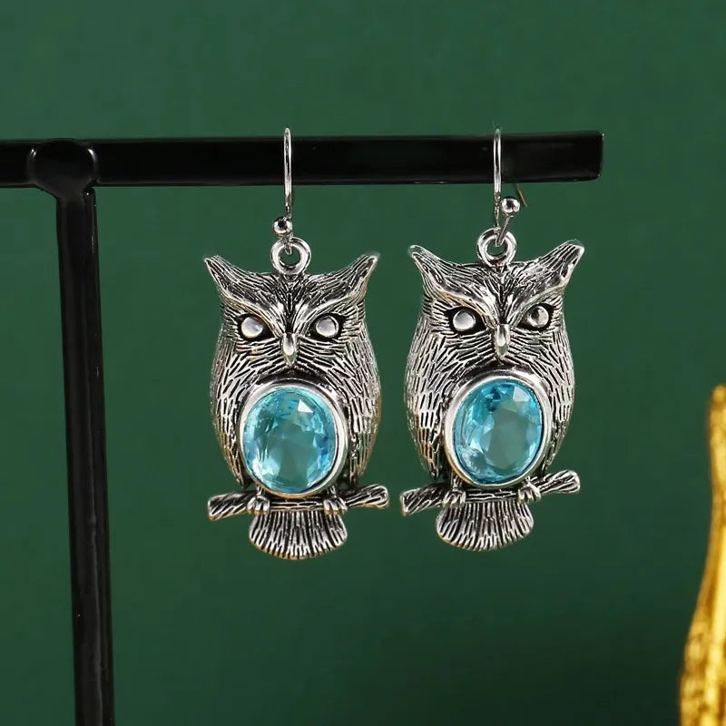 Owl Silver Metal Sea Blue Stone Earrings