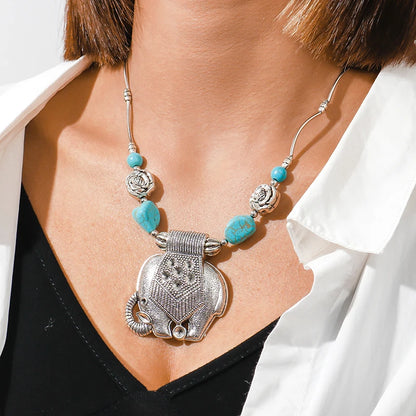 Elephant Pendant Necklace Turquoise Silver Color