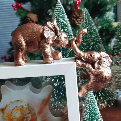 Resin Statue Double Elephant Ornament Bronze Color