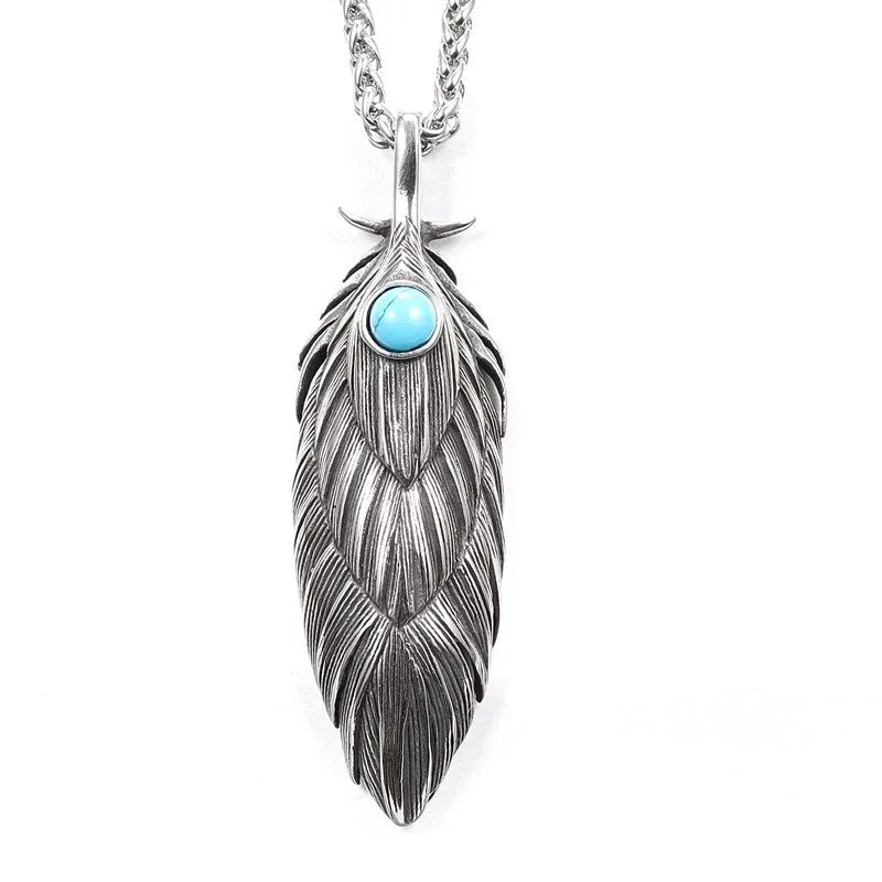 Native Turquoise Stone Inlaid Metal Feather Pendant Necklace