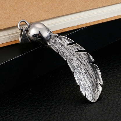 Skull Feather Pendant Stainless Steel Chain Necklace