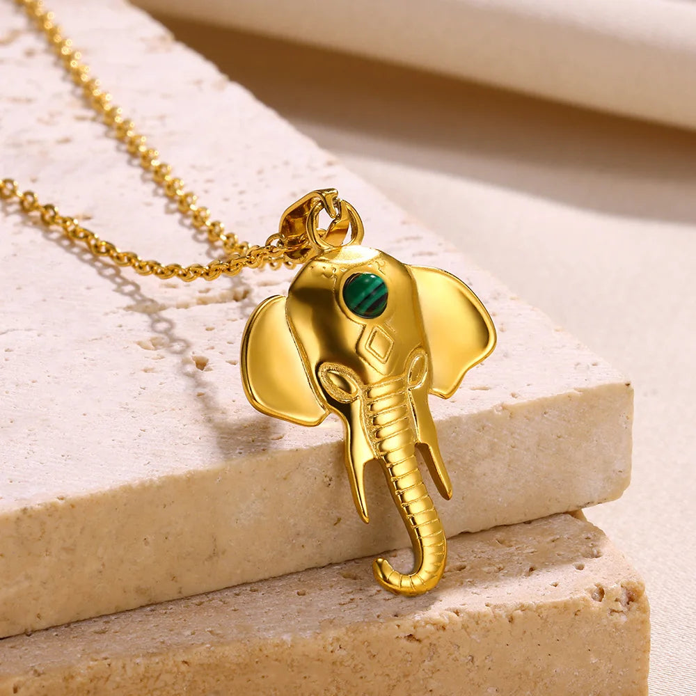 Elephant Pendant Necklaces Natural Stone Gold Color Stainless Steel