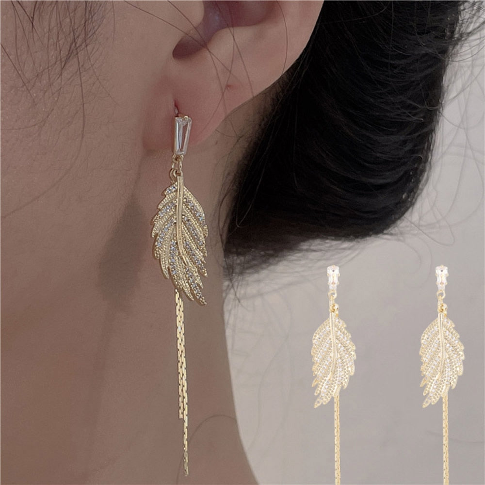 Native Rhinestone Leaf Feather Shaped Metal Tassel Earrings