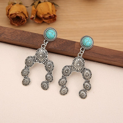 Native Blossom Stamped Metal Earrings Silver Tone Turquoise