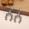 Native Blossom Stamped Metal Earrings Silver Tone Turquoise