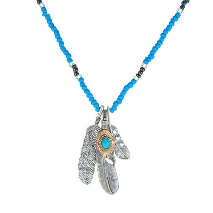 Native Alloy Feather Necklace Beaded Turquoise