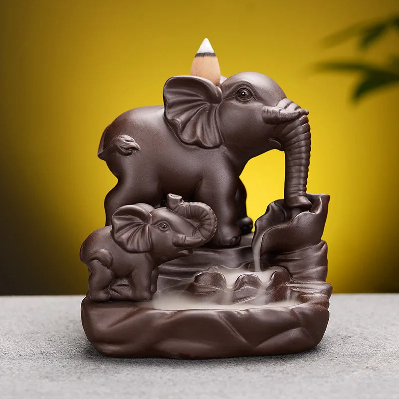 Elephant Backflow Incense Waterfall  Burner Mother and Child Ceramic