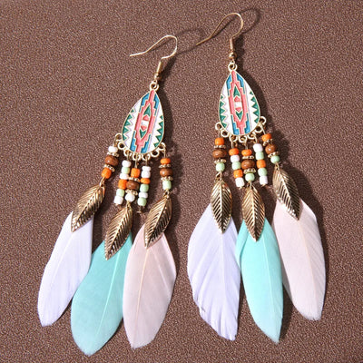 Native Long Feather Earrings Drop Glaze Wood Beads Leaf Tassel Earring