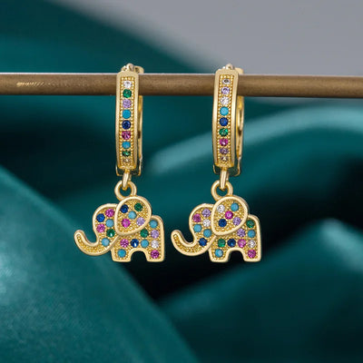 Elephant Hoop Earrings Rainbow Crystal Multicolor Zircon