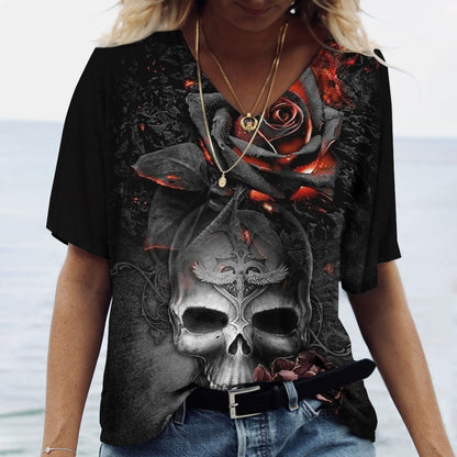 Women's T-shirts Skull Print Short-Sleeved Tops V-neck