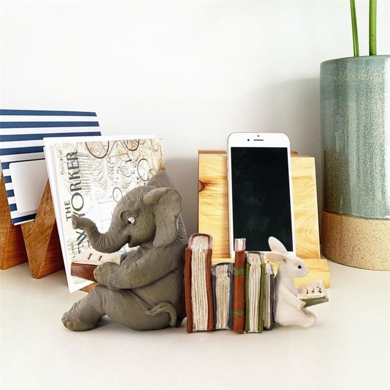 Elephant and Rabbit Reading Statue Bookend Resin