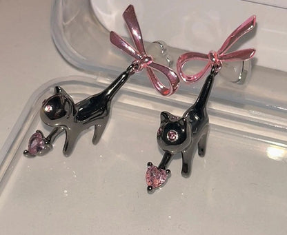 Pink Bow Black Cat Rhinestone Drop Earrings