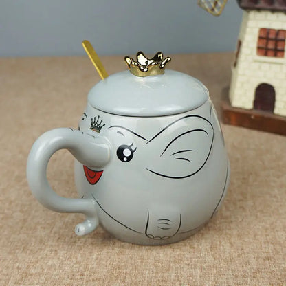 Elephant Cartoon Cute Ceramic Cup With Crown Cap And Spoon Cup