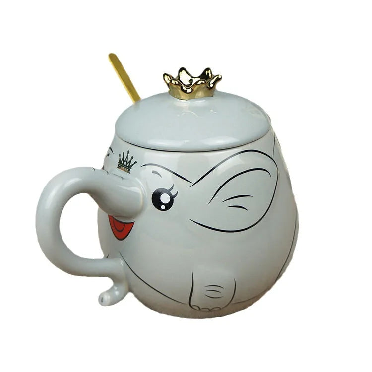 Elephant Cartoon Cute Ceramic Cup With Crown Cap And Spoon Cup