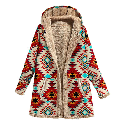 Native Cotton and Linen Printed Hooded Warm Plush Jacket