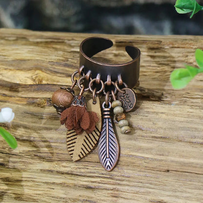 Native Feather Tassel Rings Antique Wooden Beads