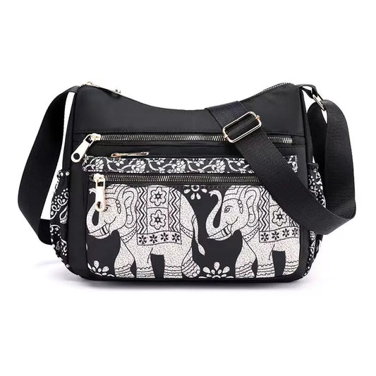 Elephant Print Nylon Canvas Shoulder Bag