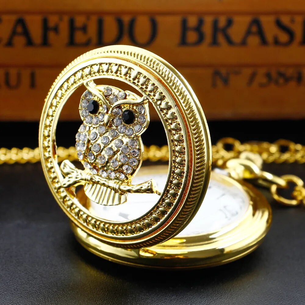 Owl White Dial Golden Quartz Pocket Watch