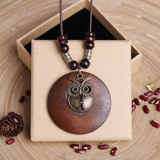 Owl & Elephant Round Wooden Long Chain Retro Necklace