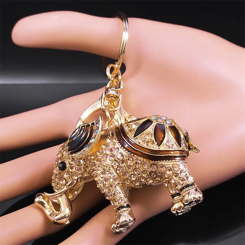 Elephant Rhinestone Keychain Gold Color Metal