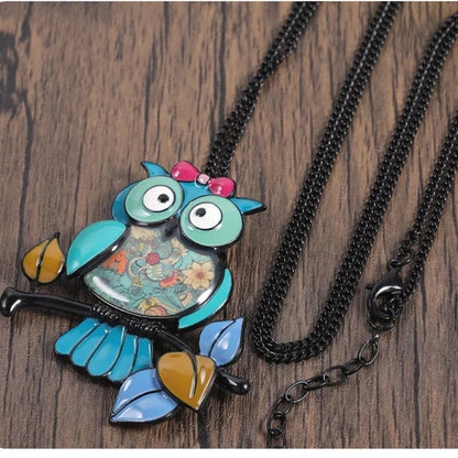 Owl Pendant Necklace Enamel Metal