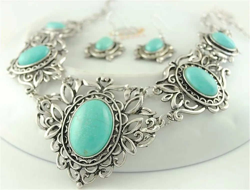 Native Turquoise Silver Pendant Necklace Earrings Set