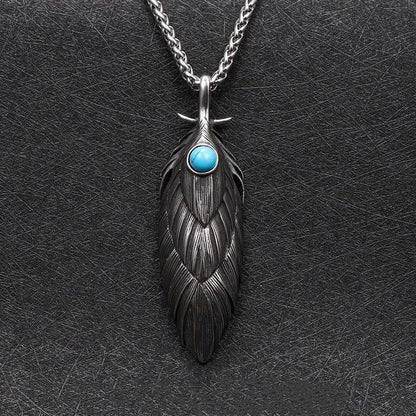 Native Turquoise Stone Inlaid Metal Feather Pendant Necklace