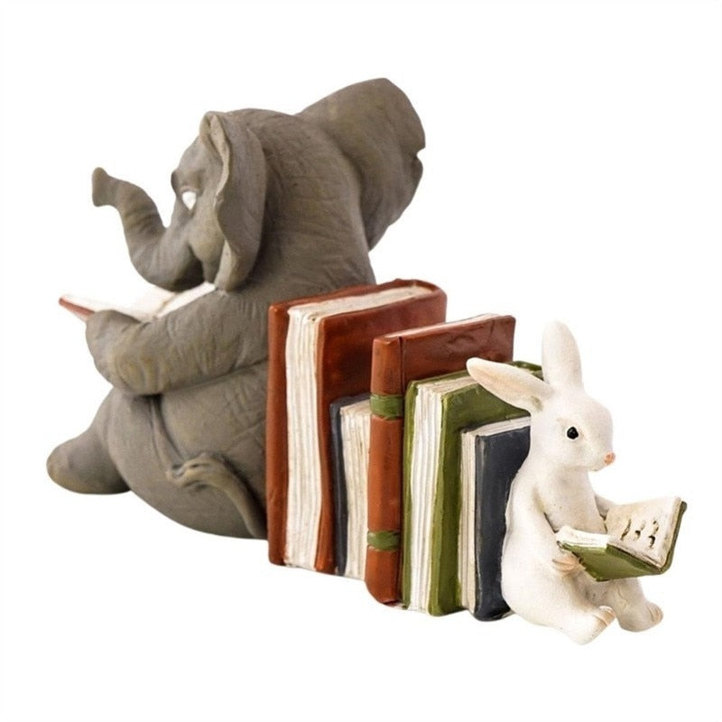 Elephant and Rabbit Reading Statue Bookend Resin