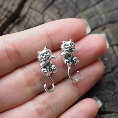 Cute Cat Silver Color Gothic Stud Earrings