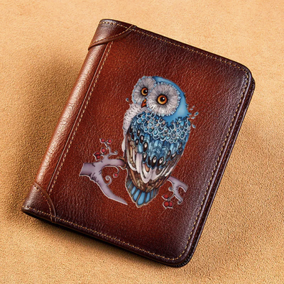 Owl Printing Short Card Holder Genuine Leather Wallets