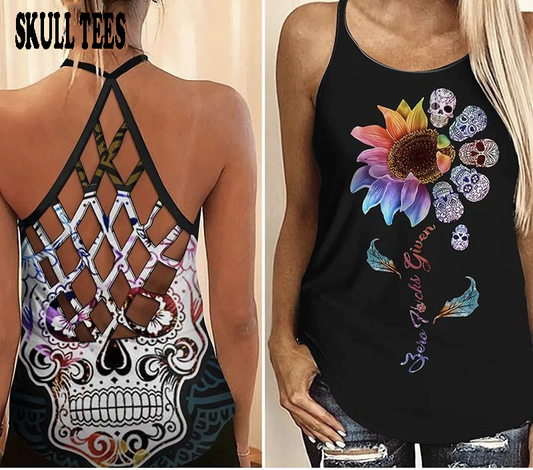 Women Fashion Skull Sunflower Criss-cross Open Back Tank Top